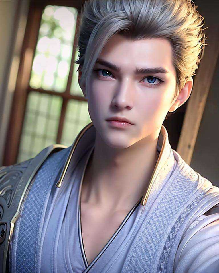 1boy, blue eyes,white hair, best quality, photo, 4k,looking at viewer,upper body,