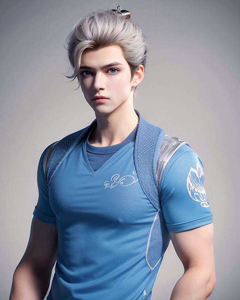 1boy, white hair, blue eyes, looking at viewer, upper body,wear t-shirt,