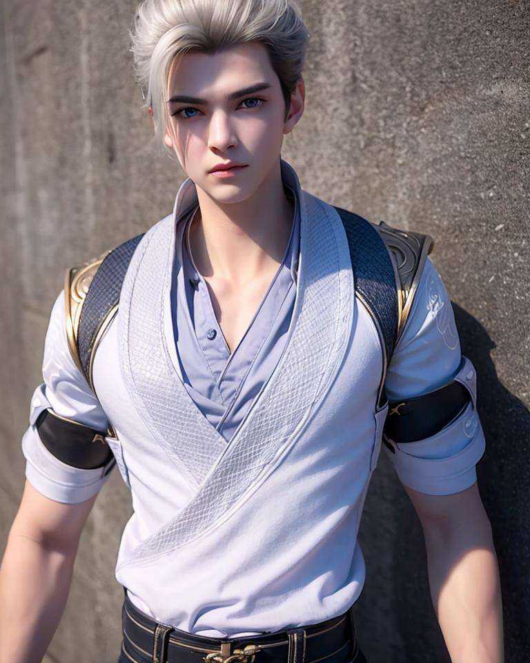 1boy, white hair, blue eyes, looking at viewer, upper body,wear t-shirt,