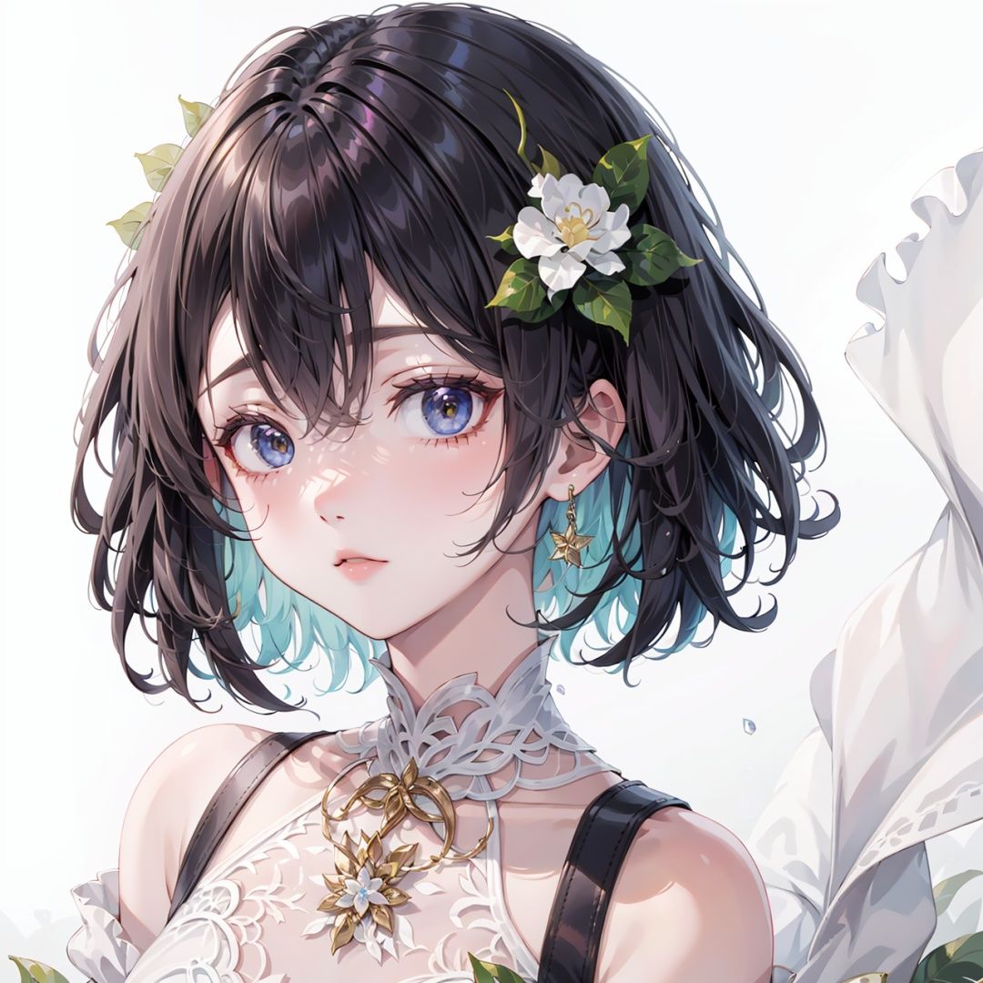  High Resolution, girl, White Background,camellia,Short hair