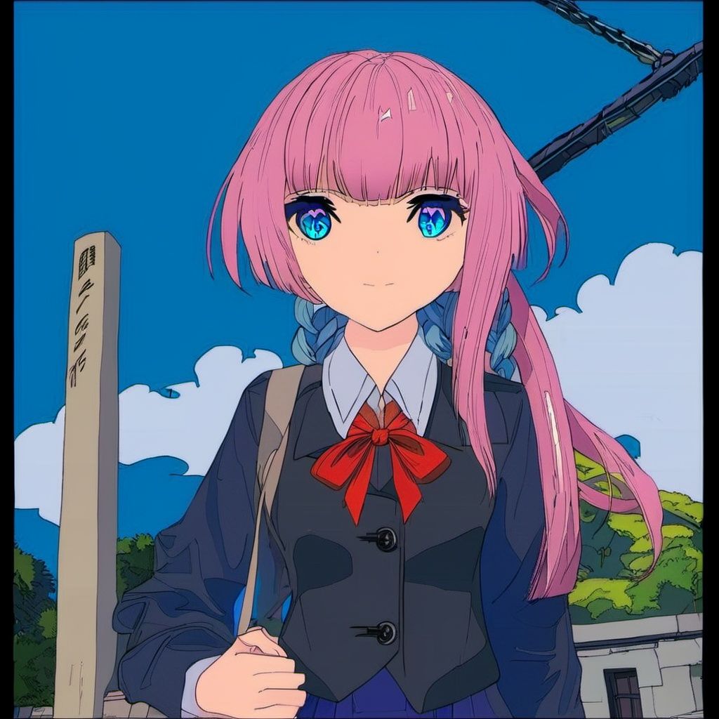 BARD713, ligne Claire, 1girl, solo, pink hair, braid, virtual youtuber, yellow pupils, twin braids, red ribbon, neck ribbon, shirt, upper body, ribbon, outdoors, jacket, white shirt, long hair, school uniform, collared shirt, multicolored eyes, blue eyes, bangs, bag, low twin braids, film grain, twintails, expressionless, sky, closed mouth, looking at viewer, blazer, black jacket, building, long sleeves, blue sky, blunt bangs, school bag, power lines, cloud, utility pole, chromatic aberration