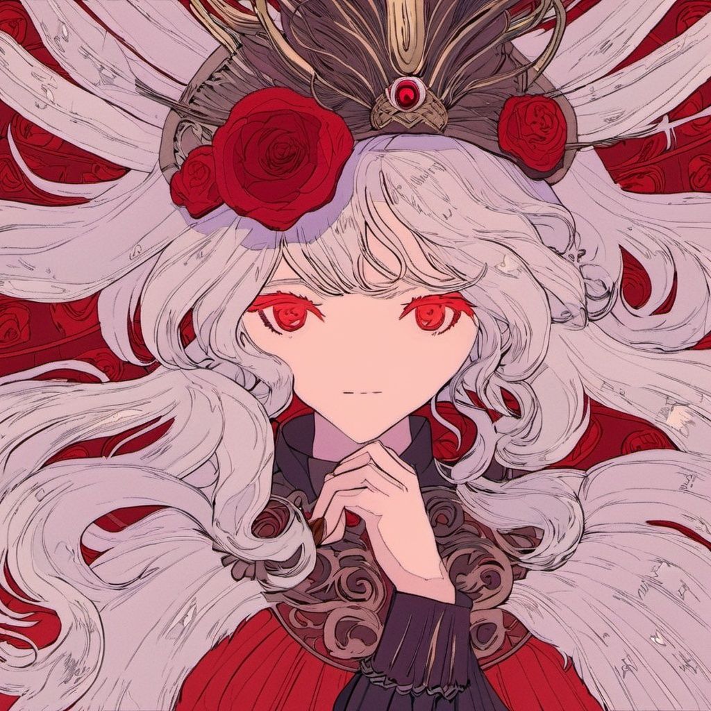 BARD713, ligne Claire, long hair, solo, ((white hair)), red eyes, 1girl, hat, looking at viewer, hair between eyes, upper body, closed mouth, long sleeves, fingernails, bangs, frilled sleeves, frills, looking back, tassel, ring, jewelry, antlers, from side, hand up, long fingernails