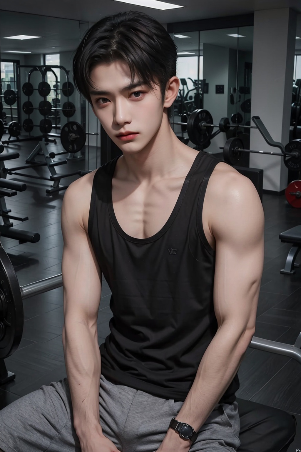 real photo, 1boy, danjue, male_pov, handsome, idol, 18 y.o., black hair, short hair, gym, ****_top, underwear,big muscle, spread leg, looking at viewer, nose, eye_lashes, lips, blushing, embarrassed, Male focus,, <lora:EMS-11718-EMS:0.3>, <lora:EMS-16355-EMS:0.3>