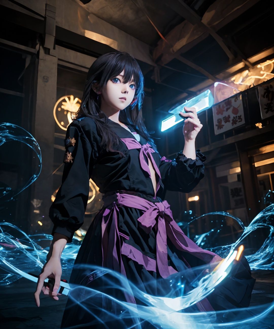 best quality, highres, anime,  light painting, 1boy, blue light,  indorrs, holding magic stick,  <lora:光绘摄影beta2:0.85> 