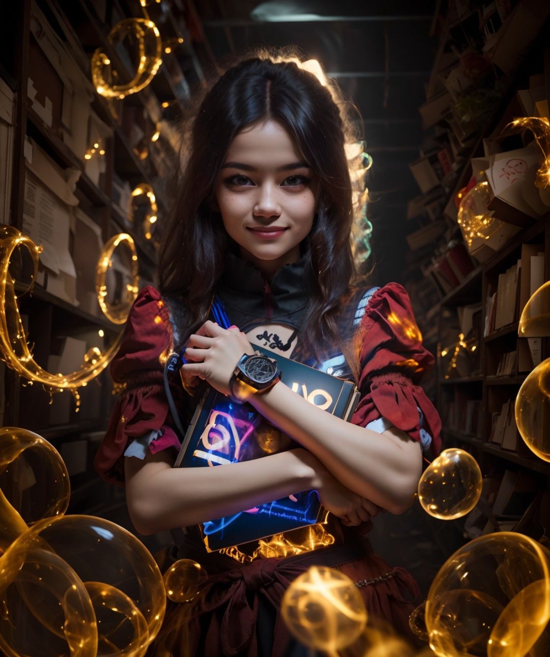 best quality, masterpiece, highres, light painting, 1girl, holding book, upper body, evil smile, <lora:光绘摄影beta2:0.9>