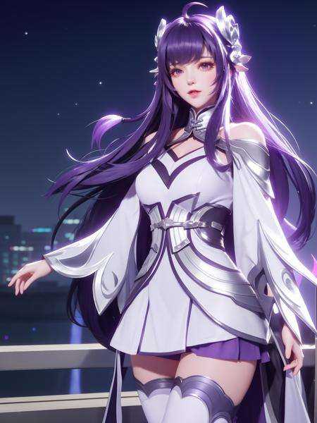 <lora:WZRYxishiGXMY_20230731180753:0.75>,1girl, mature female, cityscape, night, looking at viewer, long hair, hair ornament,white thighhighs, bangs,skirt,purple hair, 