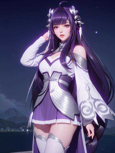 <lora:WZRYxishiGXMY_20230731180753:0.75>,1girl, mature female, cityscape, night, looking at viewer, long hair, hair ornament,white thighhighs, bangs,skirt,purple hair, 