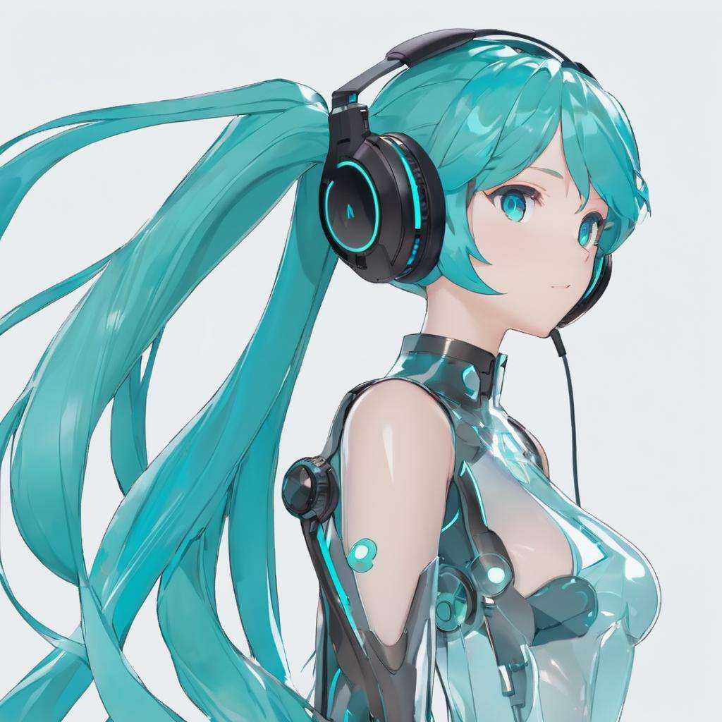 watermiku, A Hatsune Miku wearing a transparent coat, you can see her mechanical body structure, wearing mechanical headphones, full of futuristic sense of technology, 1girl, solo, hatsune miku, looking at viewer, simple background, white background, twintails, very long hair, earphones, from behind, aqua eyes, see-through bodysuit, aqua hair, mechanical arms<lora:watermikuV5_SDXL_lora-000002:1.0>
