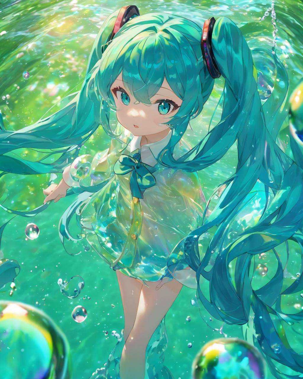 watermiku, A Hatsune Miku wearing a water-like suit surrounded by a lot of water, 1girl, solo, hair made of water, hatsune miku, looking at viewer, bangs, shirt, twintails, very long hair, water, aqua eyes, floating hair, bubble, liquid hair,hatsune miku,  <lora:watermikuV9_SDXL_lora-000008:0.8>
