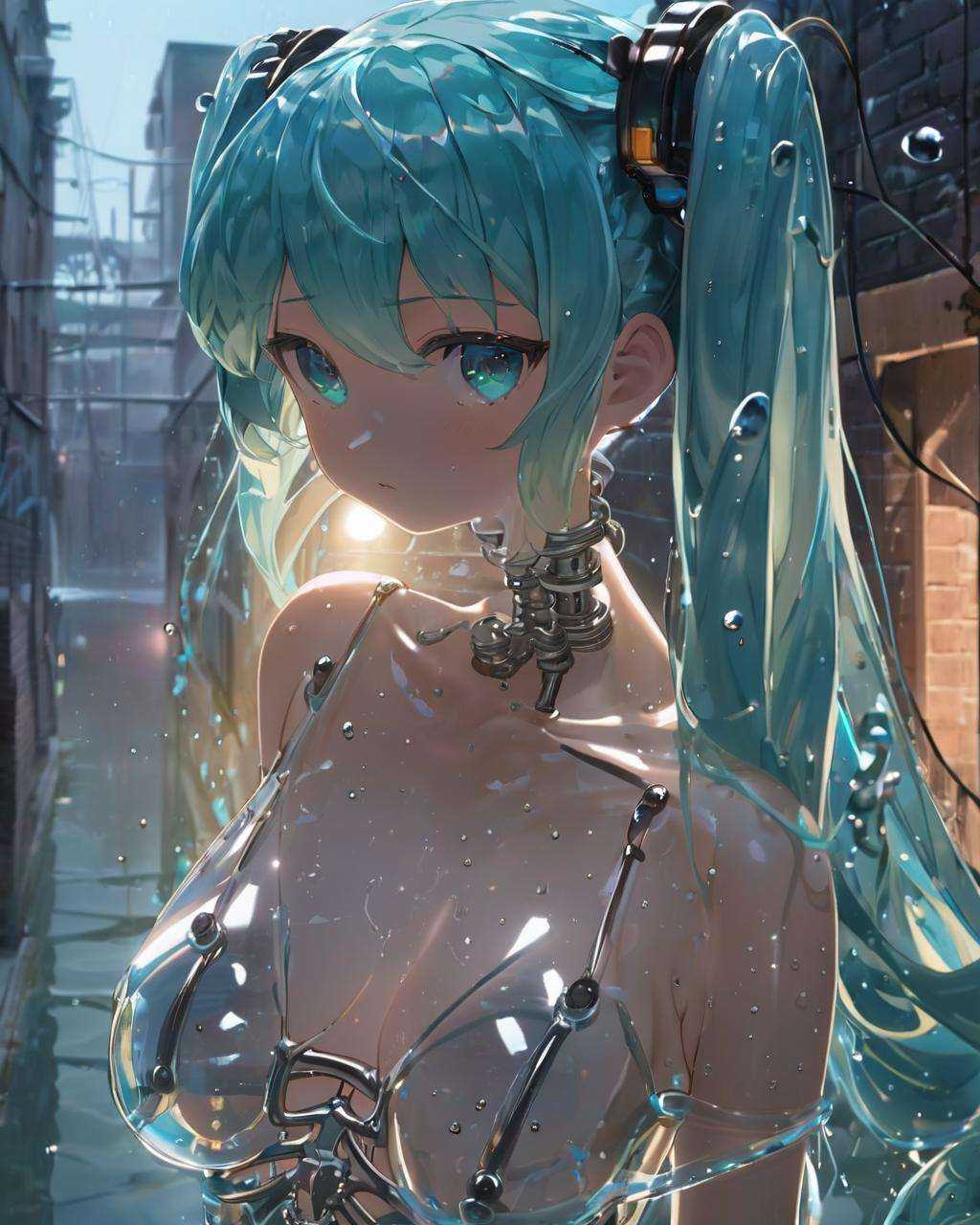 ~*~aesthetic~*~,watermiku, A Hatsune Miku with a transparent bodysuit and a steel skeleton, romanticized realism, surrounded by water droplets, cartooncore, 1girl, solo, hatsune miku, breasts, blush, bangs, see-through body, white background, twintails, very long hair, closed mouth, upper body, small breasts, grey background, water, from side, aqua hair, profile, liquid hairbody edge light,(back alley:1.5), bricks,(gangland,wall text graffiti:1.5),(messy town), gang, shutters,darksome,spooky,(dangerous atmosphere,badness,midnight,night, night road:1.5),fluorescent lamp,Close-up,Canon EOS 5D Mark IV + 50mm f/1.4 lens,<lora:watermikuV11_SDXL_lora-000006:0.6>