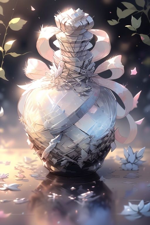 (no human:2.0),bug, butterfly, white flower, no humans, white rose, flower, sparkle, rose, blurry, light particles, still life, glint, reflection, bottle, white butterfly, depth of field,flower
