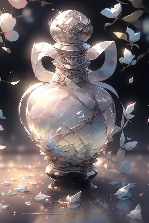 (no human:2.0),bug, butterfly, white flower, no humans, white rose, flower, sparkle, rose, blurry, light particles, still life, glint, reflection, bottle, white butterfly, depth of field,flower