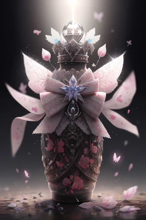 butterfly, bug, flower, no humans, light particles, still life, blurry, sparkle, glint, chain, depth of field, gem, in container, white flower, glowing butterfly