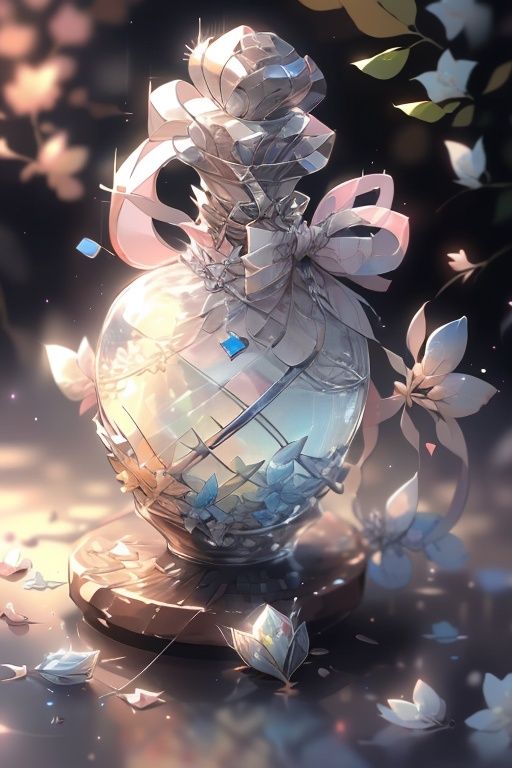 (no human:2.0),bug, butterfly, white flower, no humans, white rose, flower, sparkle, rose, blurry, light particles, still life, glint, reflection, bottle, white butterfly, depth of field,flower