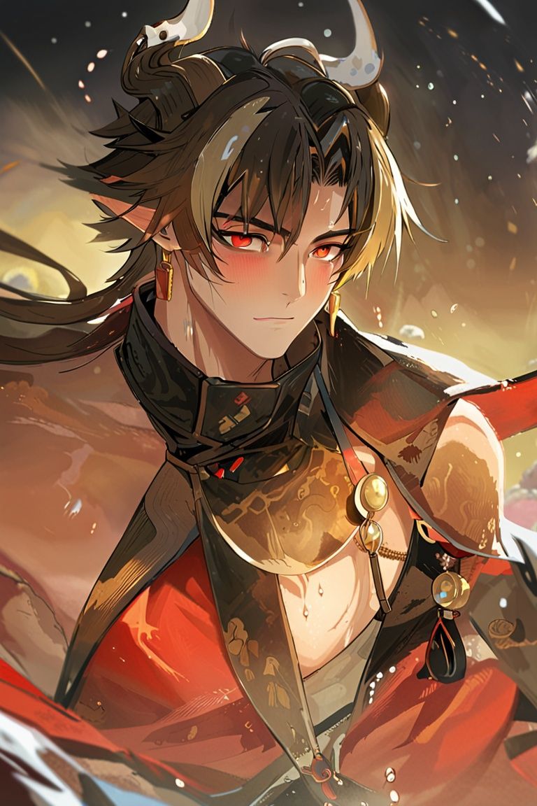masterpiece,best quality,concept art,((lean)),male focus,(manly),masculine appeal, handsome face,finely detailed eyes and face, youthful face,(((1boy))),cowboy shot,cinematic lighting,

Chongyue,zhongyue,*****,earrings,horns,red eyes,
pectorals, large pectorals, abs,handsome, male, blush, looking at viewer, wet, sweat, steam, groin, athletic field, day, light particles, brown hair, red eyes, horns, chinese clothes, skin,upper body,niji3
