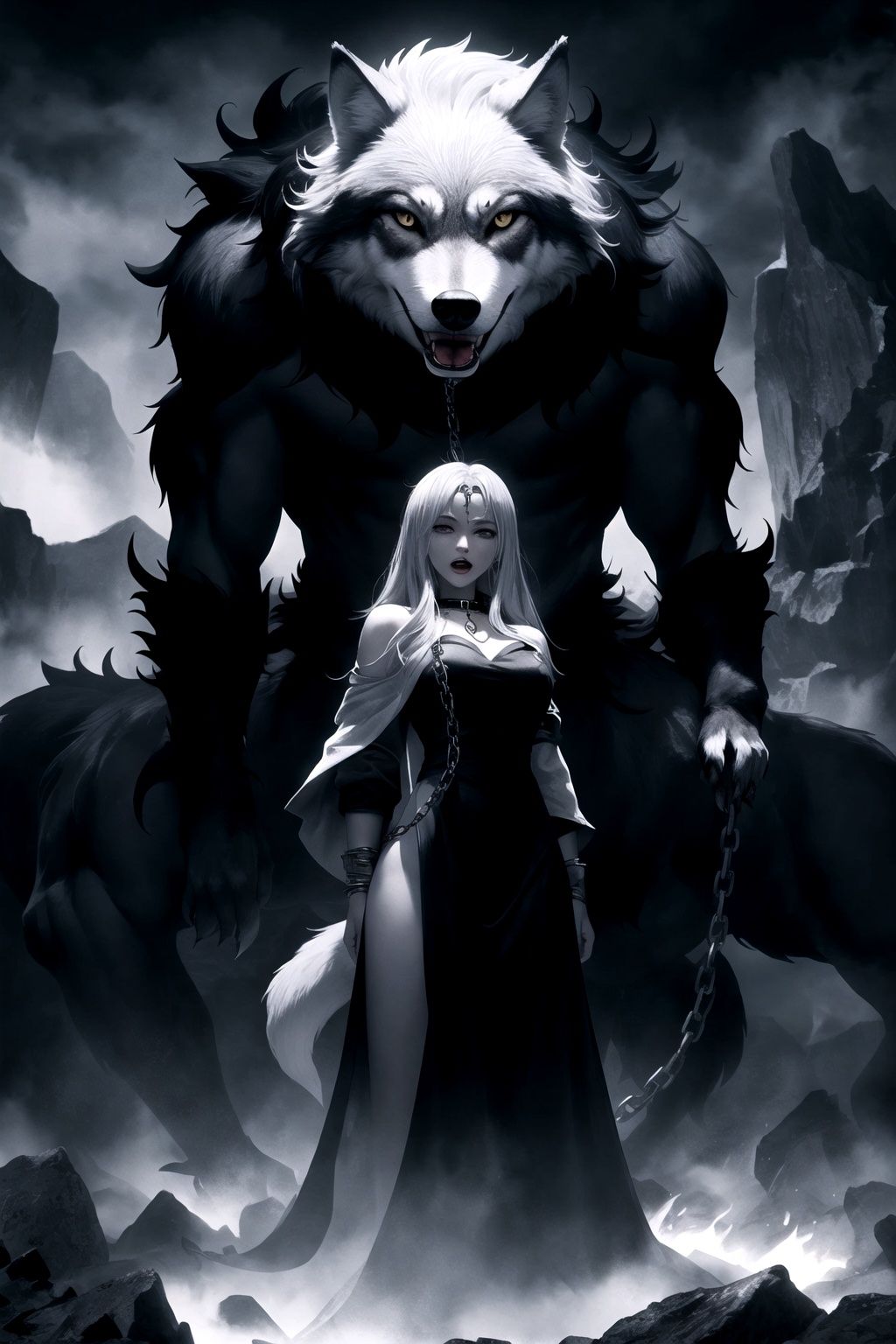 giant silver gray wolf,  Chained to in a vast hell,  runes on the collar and chain on Tensor.Art