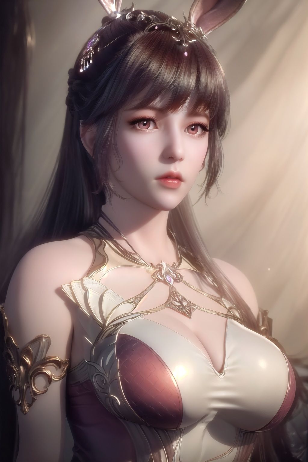 (8k, RAW photo, best quality, masterpiece:1.2),solo,(super realistic, photo-realistic:1.3), ultra-detailed, extremely detailed cg 8k wallpaper,hatching (texture),skin gloss,light persona,(crystalstexture skin:1.2), (extremely delicate and beautiful),1girl,long_hair, solo, very_long_hair,rabbit_ears, animal_ears,bare_shoulders,(full shot), (breasts,large_breasts, cleavage:1.2),looking_at_viewer, xwhd, <lora:74xwzhenshixi-000018:0.8>,