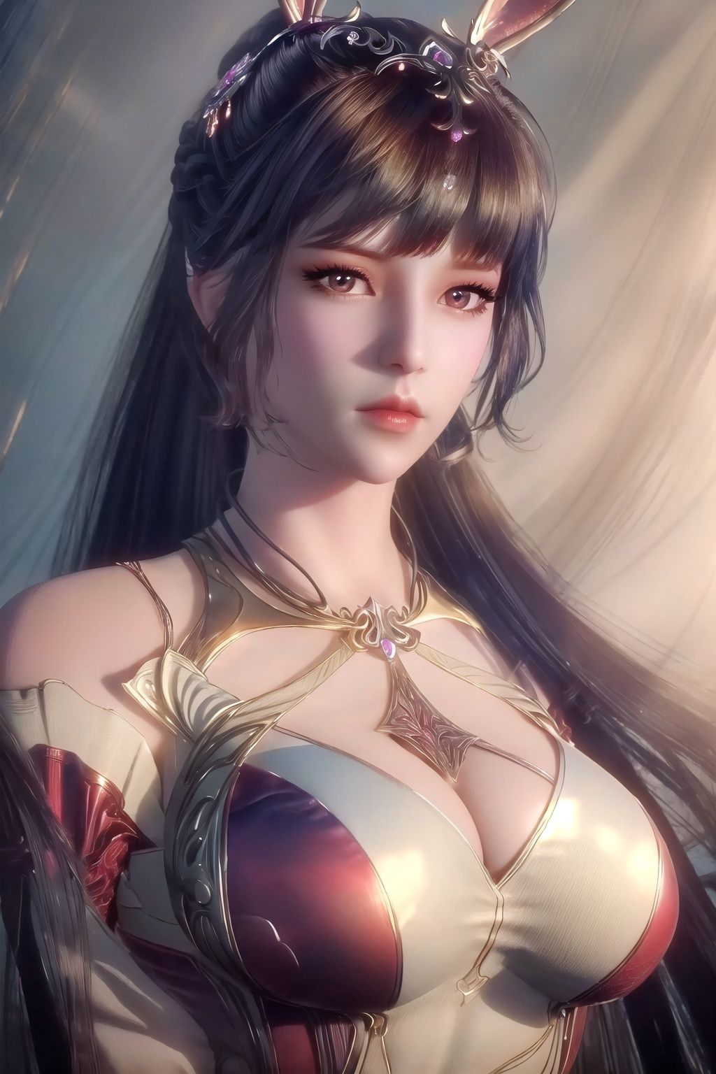 (8k, RAW photo, best quality, masterpiece:1.2),solo,(super realistic, photo-realistic:1.3), ultra-detailed, extremely detailed cg 8k wallpaper,hatching (texture),skin gloss,light persona,(crystalstexture skin:1.2), (extremely delicate and beautiful),1girl,long_hair, solo, very_long_hair,rabbit_ears, animal_ears,bare_shoulders,(full shot), (breasts,large_breasts, cleavage:1.2),looking_at_viewer, xwhd, <lora:74xwzhenshixi-000018:0.8>,
