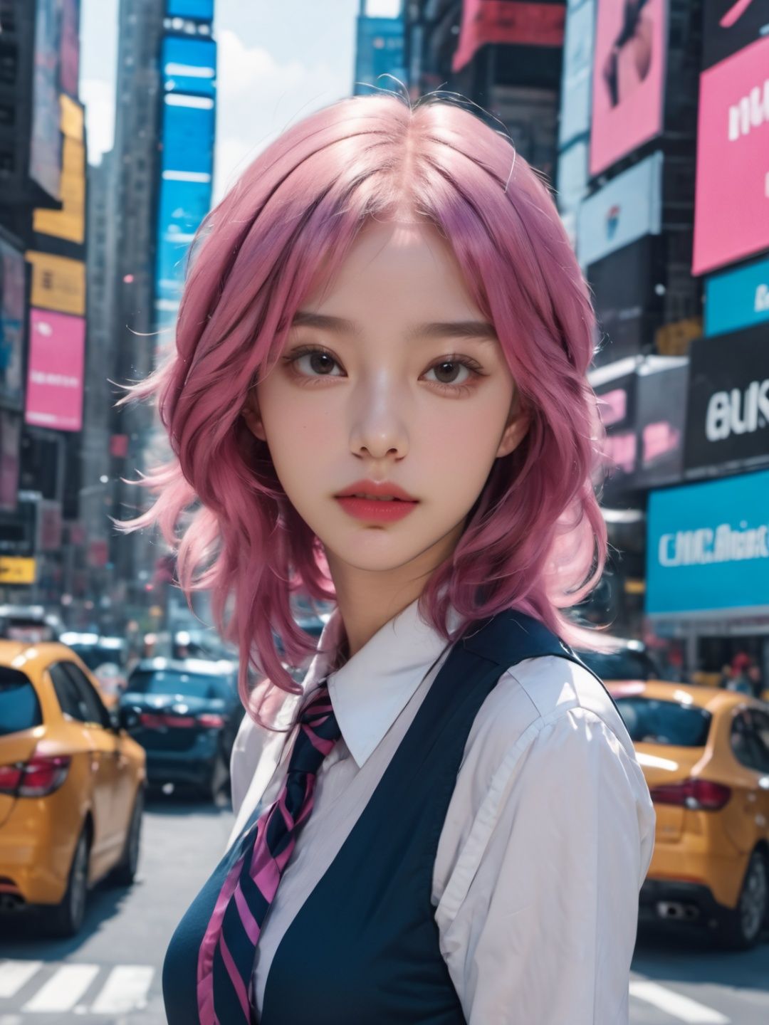 a girl is walking,best quality,looking at viewers,pink hair,blue hair,fashion style,masterpiece,photorealistic,realistic,cinemagraph,realskin.milky skin,prospect,street,full body,highres,absurdres,feathers,times square,pattern,metal,skin texture,