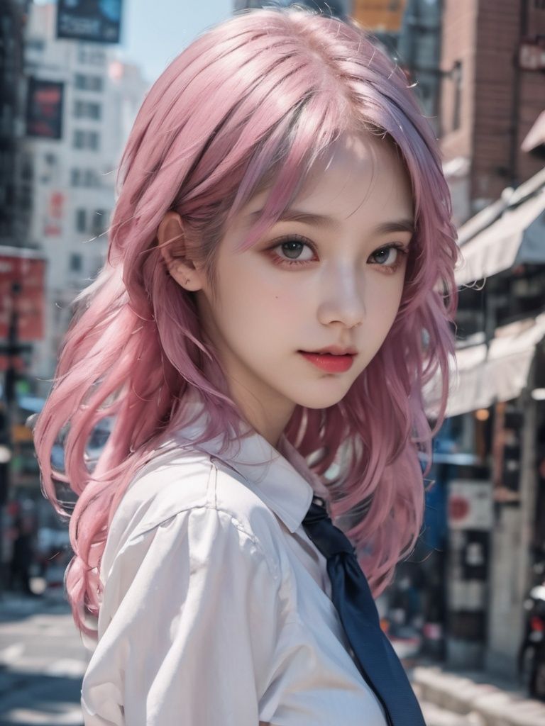 a girl is walking,best quality,looking at viewers,pink hair,blue hair,fashion style,pretty face,sailor collar,lmasterpiece,photorealistic,realistic,cinemagraph,realskin.milky skin,prospect,street,full body,highres,absurdres,feathers,times square,pattern,metal,skin texture,