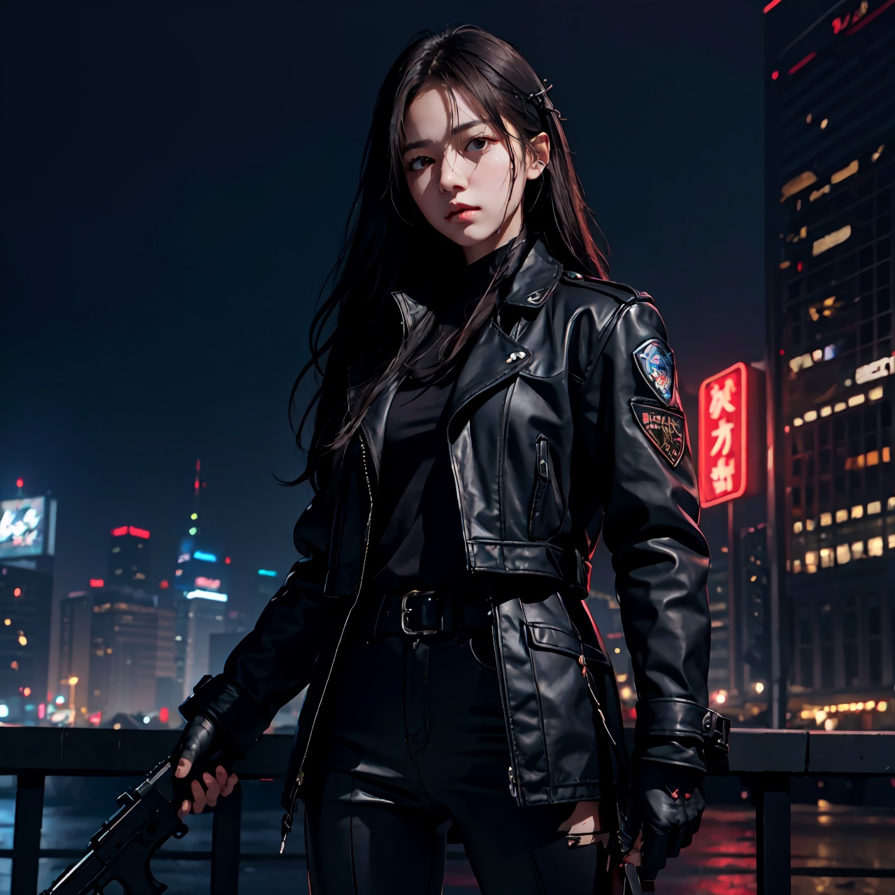 A girl holding a weapon (pistol) in her hand. (best quality,  ultra-detailed),  realistic on Tensor.Art