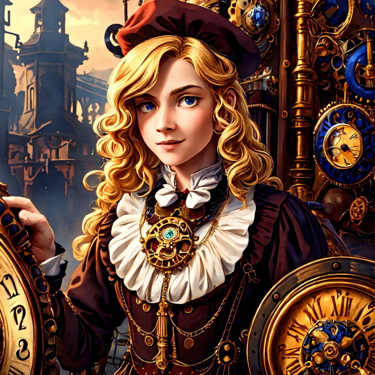 close-up,  straight hair blonde short curly child girl the little red hat,  clock on necklace on Tensor.Art