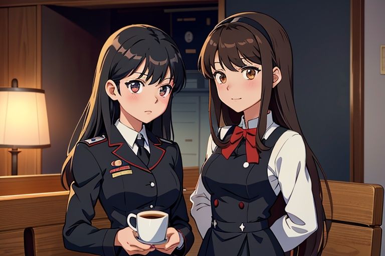 anime girl in uniform with a cup of coffee,  anime maid ss military,  in black uniform on Tensor.Art