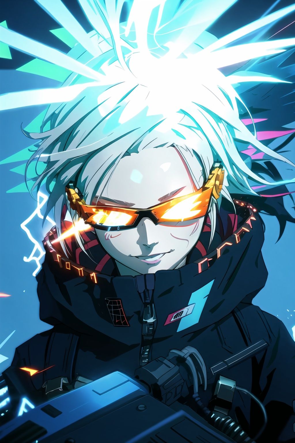 guiltys, happy, a girl, pixel glasses on, gray dreads hair, showing love, upper body, deal with it, (bokeh:1.1), depth of field, style of Anne Bachelier, tracers, vfx, splashes, lightning, light particles, electric, white background,toitoistyle