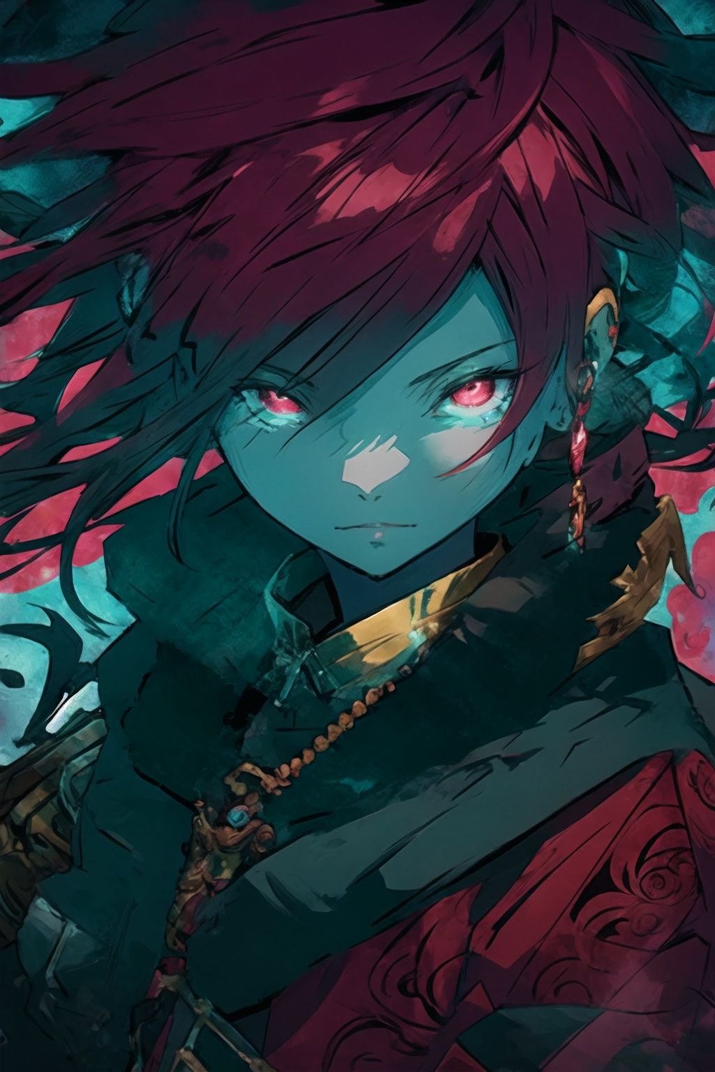 style of Jeremiah Ketner,warrior of the aegis, in the style of hauntingly beautiful illustrations, anime-inspired characters, red and bronze, swirling vortexes, lit kid, dreamy atmosphere, close up, ultradetailed background, intricate details, pastel color, poster, Illustration, Character Design, Watercolor, Ink, thematic background, japan, ambient enviroment, epic, candystyle,toitoistyle