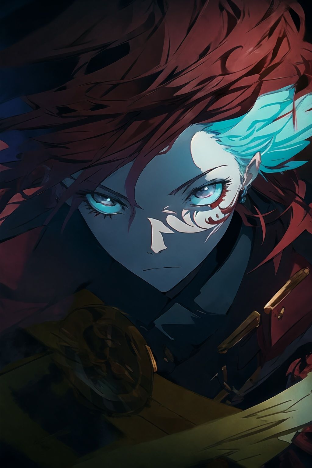 style of Jeremiah Ketner,warrior of the aegis, in the style of hauntingly beautiful illustrations, anime-inspired characters, red and bronze, swirling vortexes, lit kid, dreamy atmosphere, close up, ultradetailed background, intricate details, pastel color, poster, Illustration, Character Design, Watercolor, Ink, thematic background, japan, ambient enviroment, epic, candystyle,toitoistyle