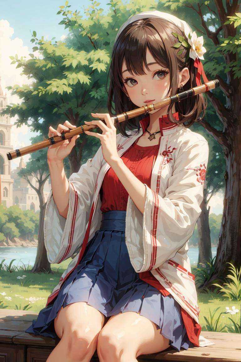 1girl, playing flute, flute,masterpiece, best quality, 8k,  <lora:flute_v1-000015:0.6>