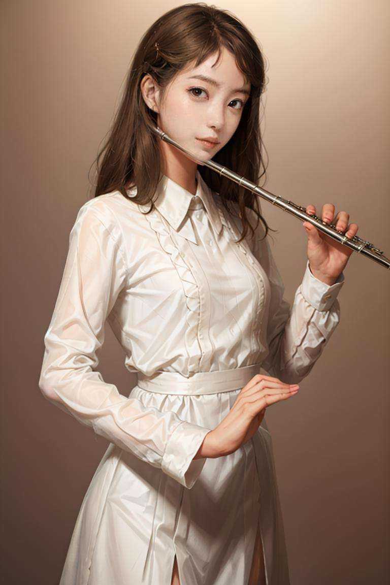 1girl, playing flute, flute, masterpiece, best quality, 8k, indoor,  <lora:brass_flute:0.76>