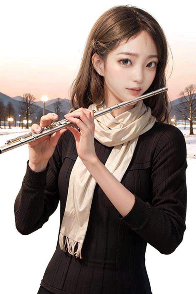 1girl, playing flute, flute, masterpiece, best quality, 8k, outdoor, scarf, snow, <lora:brass_flute:0.67>
