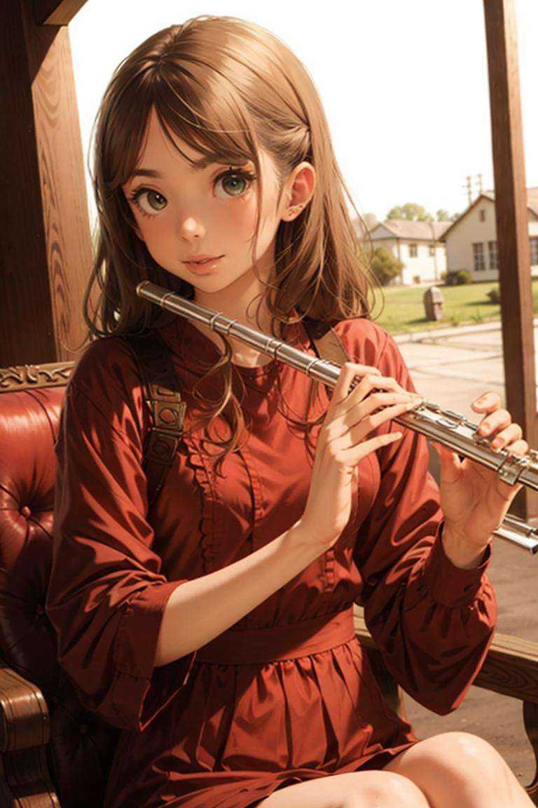 1girl, playing flute, flute, masterpiece, best quality, 8k, outdoor,  <lora:brass_flute:0.67>