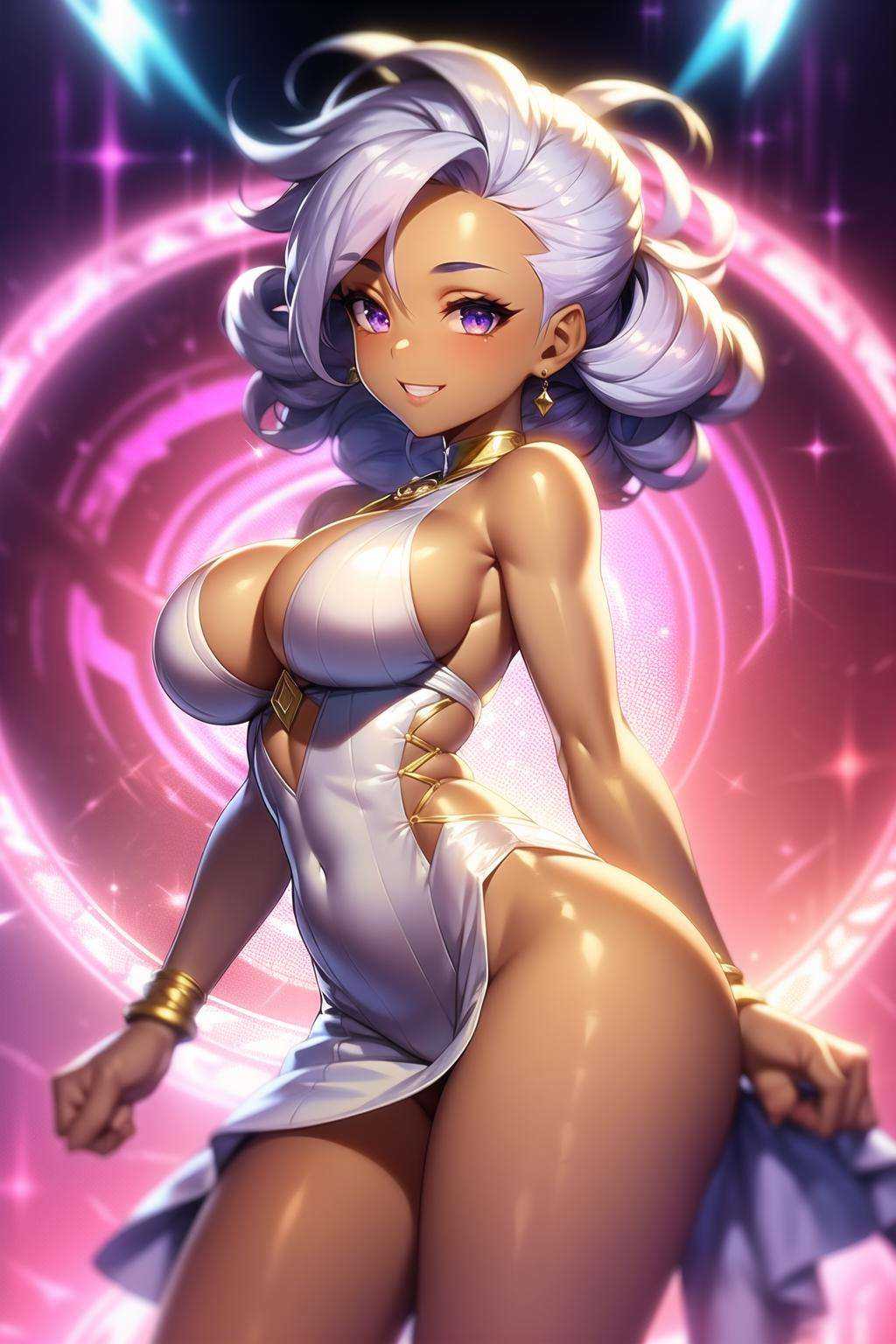 masterpiece, best quality, mjhot, 1girl, face, from side, perm hair, thigh-length hair, violet hair, shaved side hair, parted hair, tousled hair, emerald eyes, tan skin, smile, dark skin, white miko, silver toeless footwear, contact lenses <lora:Mjhot 060823_124126:1>