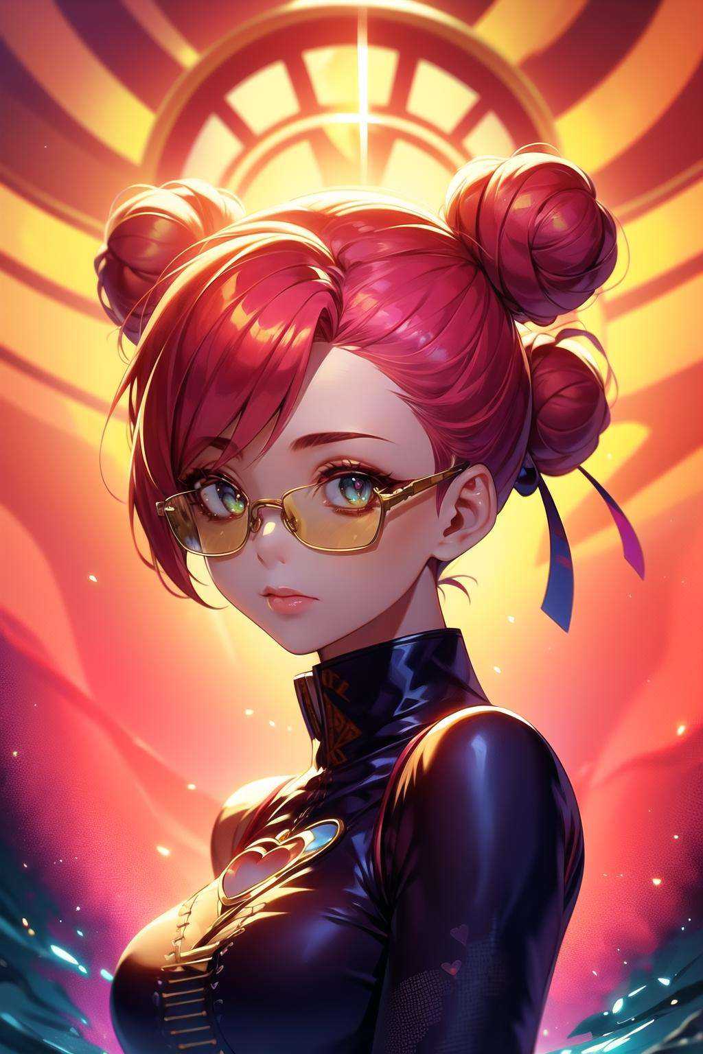 masterpiece, best quality, mjhot, 1girl, portrait, facing viewer, buzz cut hair, short hair, peach hair, hair bun cover, hair highlights, hair down hair, amber eyes, makeup, heart-shaped face, white tabi, keyhole cutout, rimless sunglasses, crooked eyewear, glasses, wave print <lora:Mjhot 060823_124126:1>