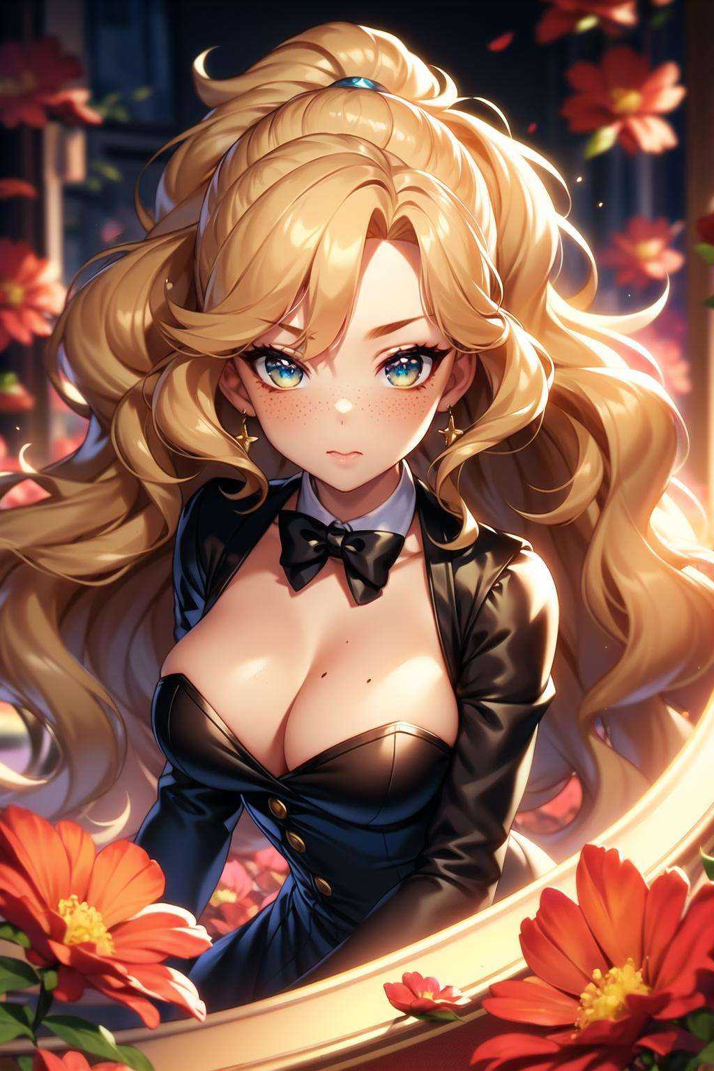 masterpiece, best quality, mjhot, 1girl, determined, slicked back hair, medium hair, caramel hair, hair waves hair, peach eyes, freckles, black tuxedo, black tunic, floral pattern, backless, ring, striped <lora:Mjhot 060823_124126:1>