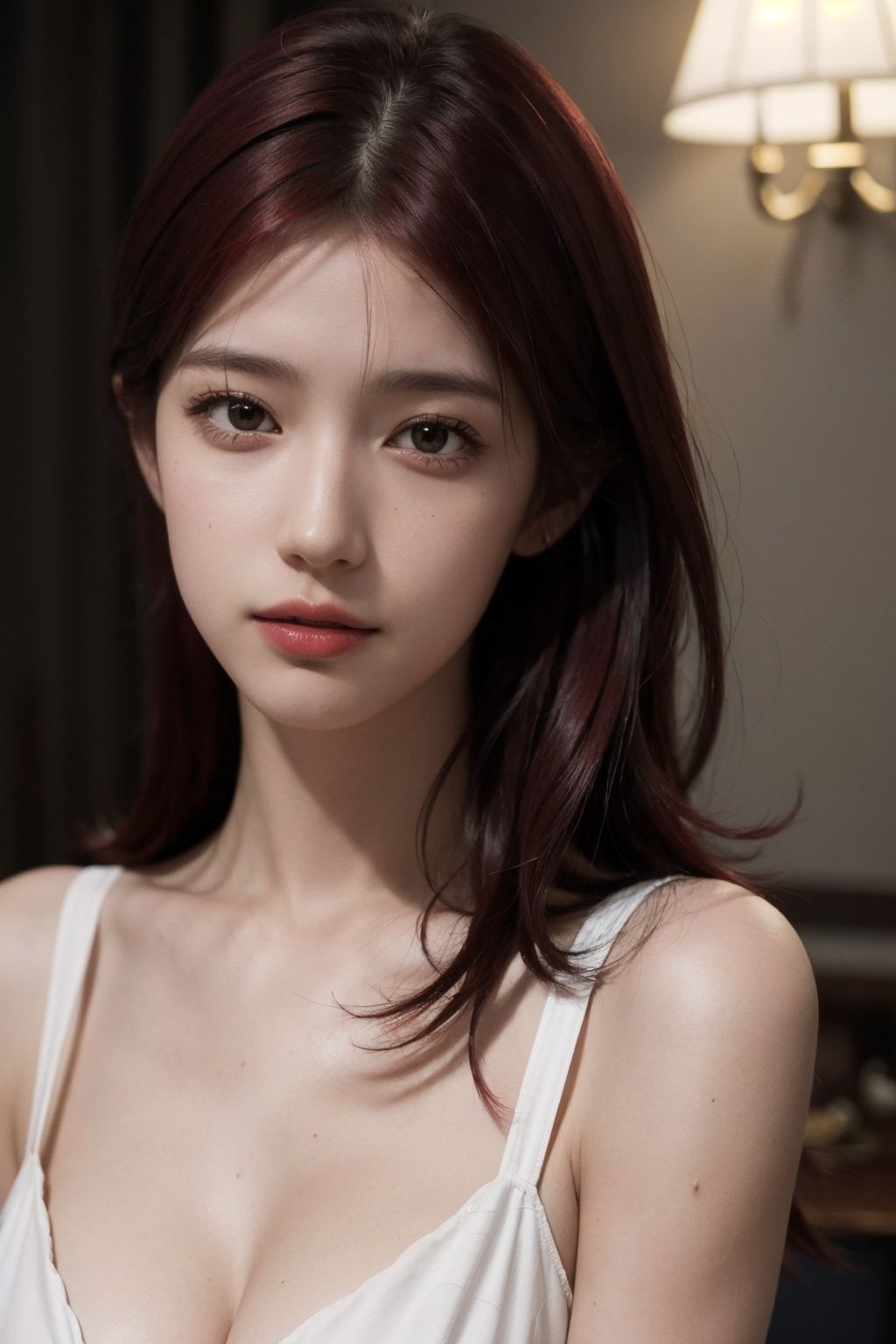 (rawphoto:1.2),((photo-realistic:1.4)), best quality,masterpiece,extremely detailed,ultra high res, 8k,professional lighting,highly detailed skin,detailed shadows,exquisite details and textures,depth of field,,(red hair:1.4),smile,blush,light on face, looking at viewer, facing viewer, (indoors:1.2),living room,1girl, (upper body),(solo), 