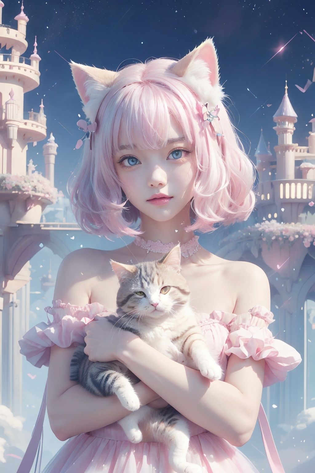 kawaiitech,pastel color,kawaii,cute colors,scifi,pink,scholar,scroll,1girl,long hair,pale skin,white hair,glowing eyes,**ile,cat ears,pastel colors,pale color,hair ornament,short hair,white hair,upper body,holding a cat,animal ear fluff,pink hair,sparkle,centered,balance,glowing love,fanxing,wanying,Colorful portraits,castle,cat,hand101,1 girl,Mizuiro