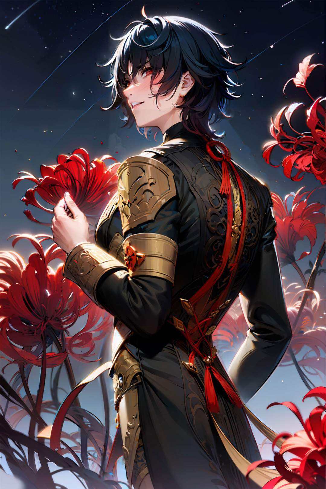 <lora:bengtie_ren_v1.0:1>,(man:1.4),(ren\(character\):1.2),back,(evil laughter:1.3),stars,huge blood moon,red spider lily,starry sky,mountain,cloud,best quality,masterpiece,illustration,extremely detailed,CG,8k wallpaper,masterpiece,best quality,official art,extremely detailed CG unity 8k wallpaper,highres,, best quality,masterpiece,illustration,extremely detailed,CG,8k wallpaper,masterpiece,best quality,official art,extremely detailed CG unity 8k wallpaper,highres,