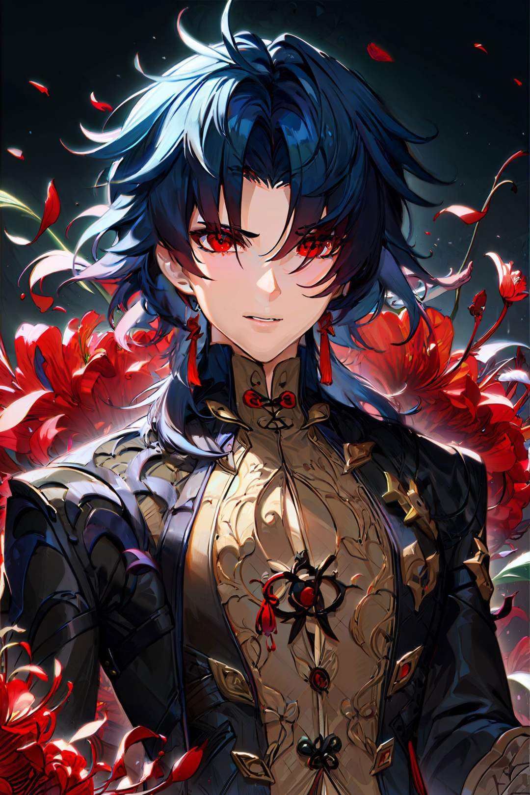 <lora:bengtie_ren_v1.0:1>,(ren\(character\):1.4),raise your palm,stand,best quality,backlight,black background,red spider lily,masterpiece,illustration,extremely detailed,CG,8k wallpaper,masterpiece,best quality,official art,extremely detailed CG unity 8k wallpaper,highres,