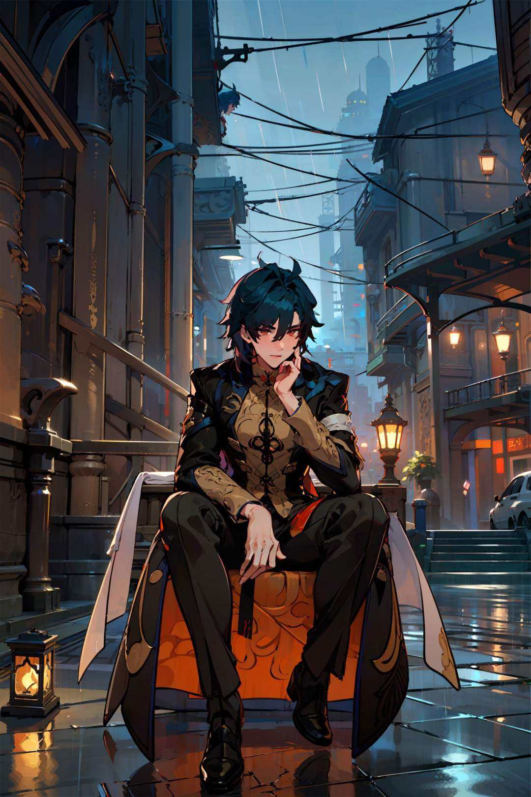 <lora:bengtie_ren_v1.0:1>,(ren\(character\):1.2),(male:1.6),full body,blur the background,sit,night,rain,can't see the eyes,fumes,city,street,outdoors,best quality,masterpiece,illustration,extremely detailed,CG,8k wallpaper,masterpiece,best quality,official art,extremely detailed CG unity 8k wallpaper,highres,