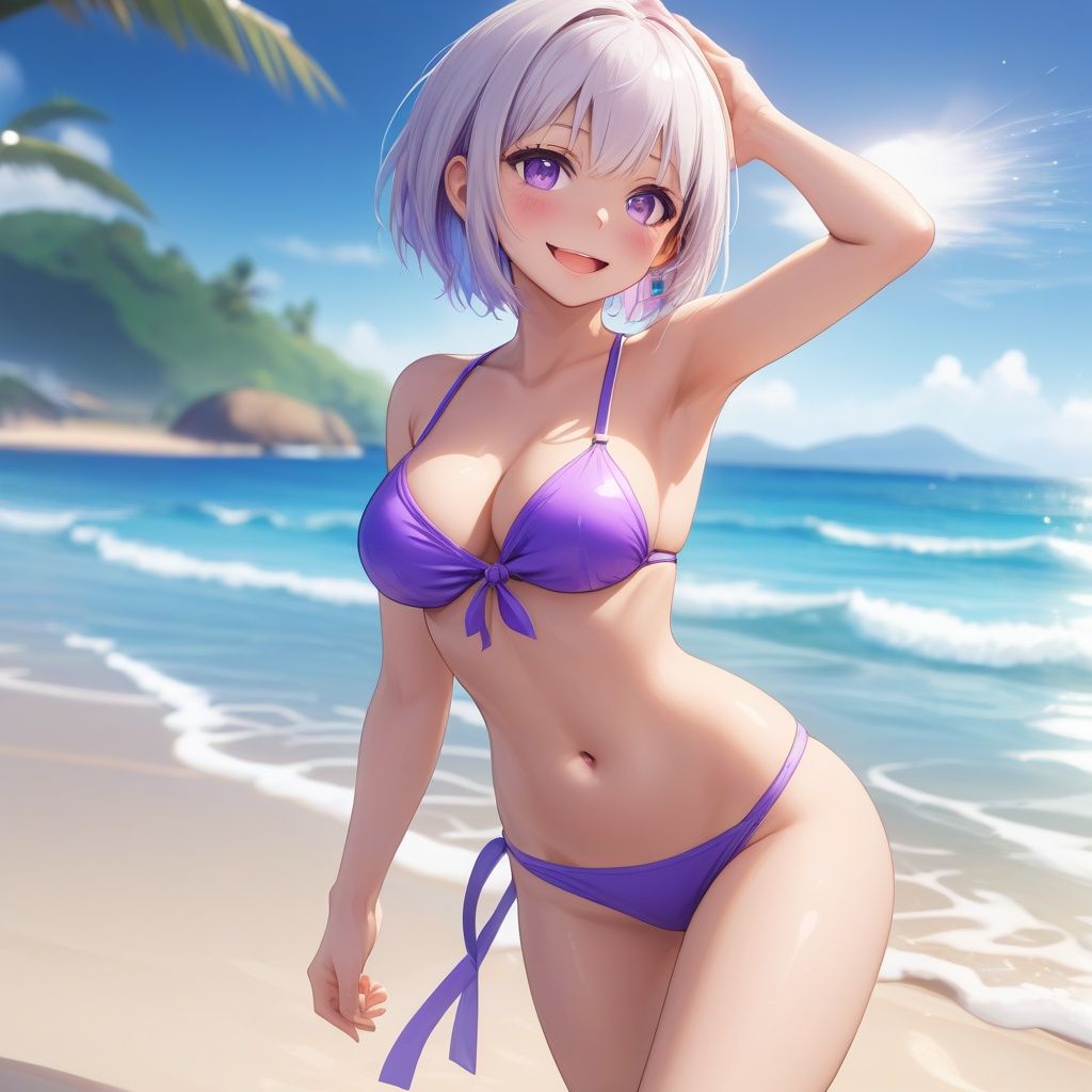 anime, selfie, 1girl, white hair, purple eyes, parted lips, blush, makeup, light smile, bikini, beach, sweat, wet, light rays, glow, thighs, collarbone, narrow waist, (masterpiece), wallpaper, 8k, high resolution