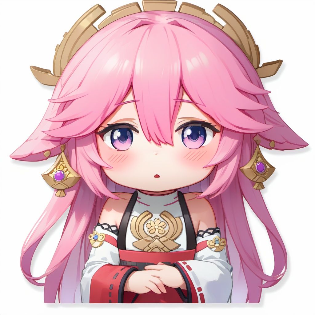 anime, 8k, high resolution, 1girl, solo, <lora:yaemiko_loraxl:1> miko_loraxl:1>, yae miko,  pink hair, hair ornament , sticker, (chibi:1.2), white background, simple background, (blush, embarrassed, shy:1.1), (close shot, upper body:1.1)