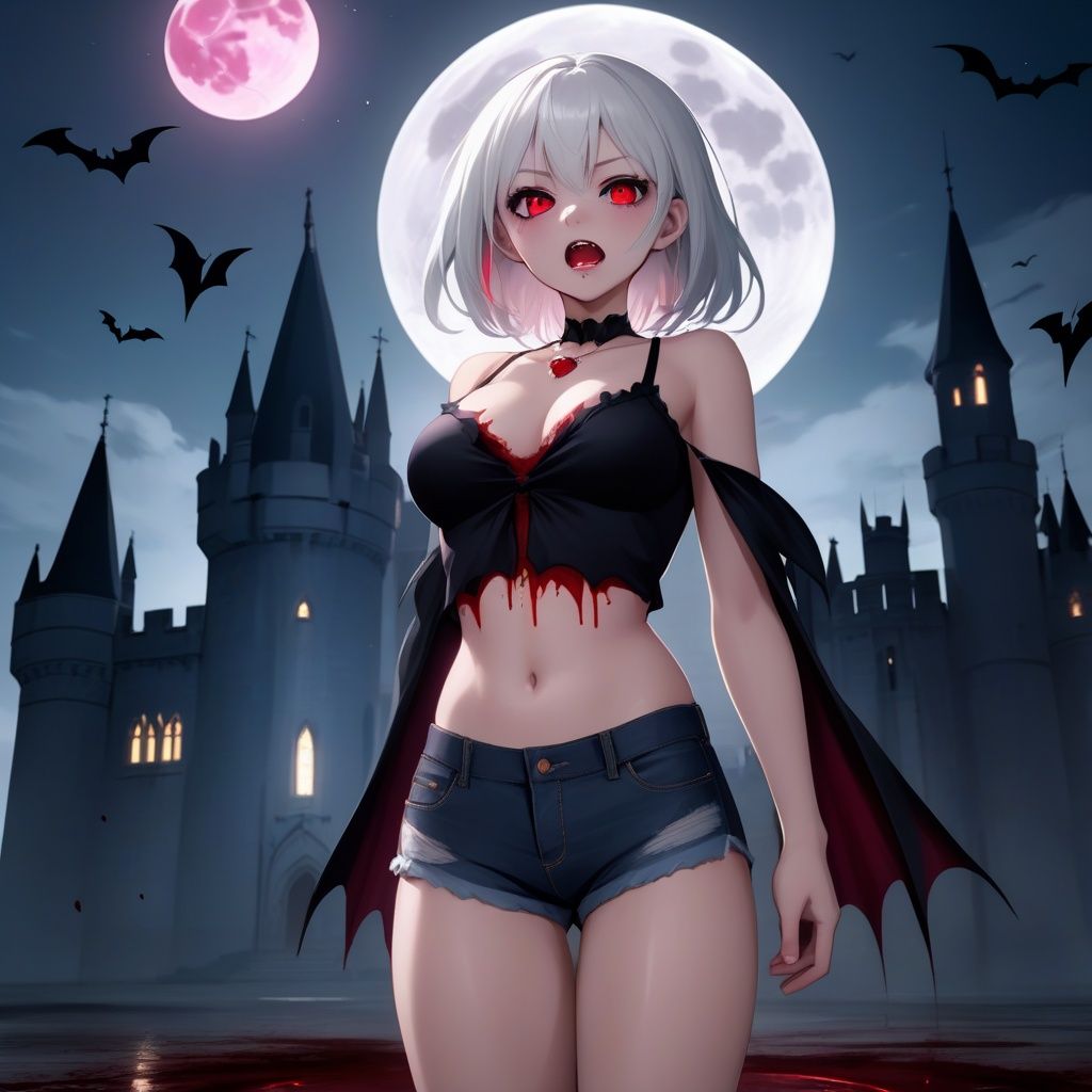 anime, 1girl, (vampire girl:1.4), white hair, (red eyes), glowing eyes, slit pupils, (blood, blood splatter), crop top, cleavage, short shorts, collarbone, parted lips, fangs, makeup, blush, night, reflection, full moon, moonlight, rose, castle, shadow, darkness, bat \(animal\), 8k, high resolution