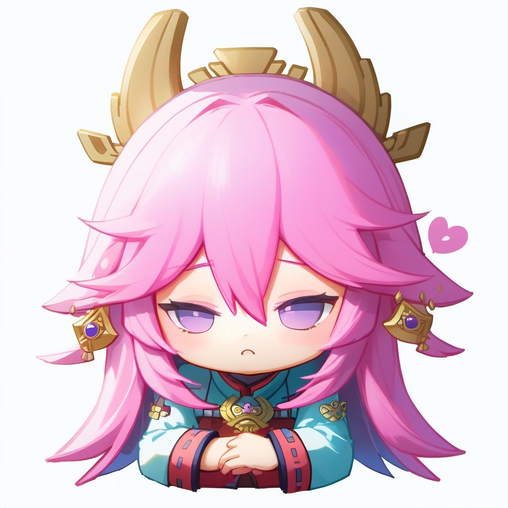 anime, 8k, high resolution, 1girl, solo, <lora:yaemiko_loraxl:1> miko_loraxl:1>, yae miko,  pink hair, hair ornament , sticker, (chibi:1.2), white background, simple background, (sleepy:1.1), (close shot, upper body:1.1)
