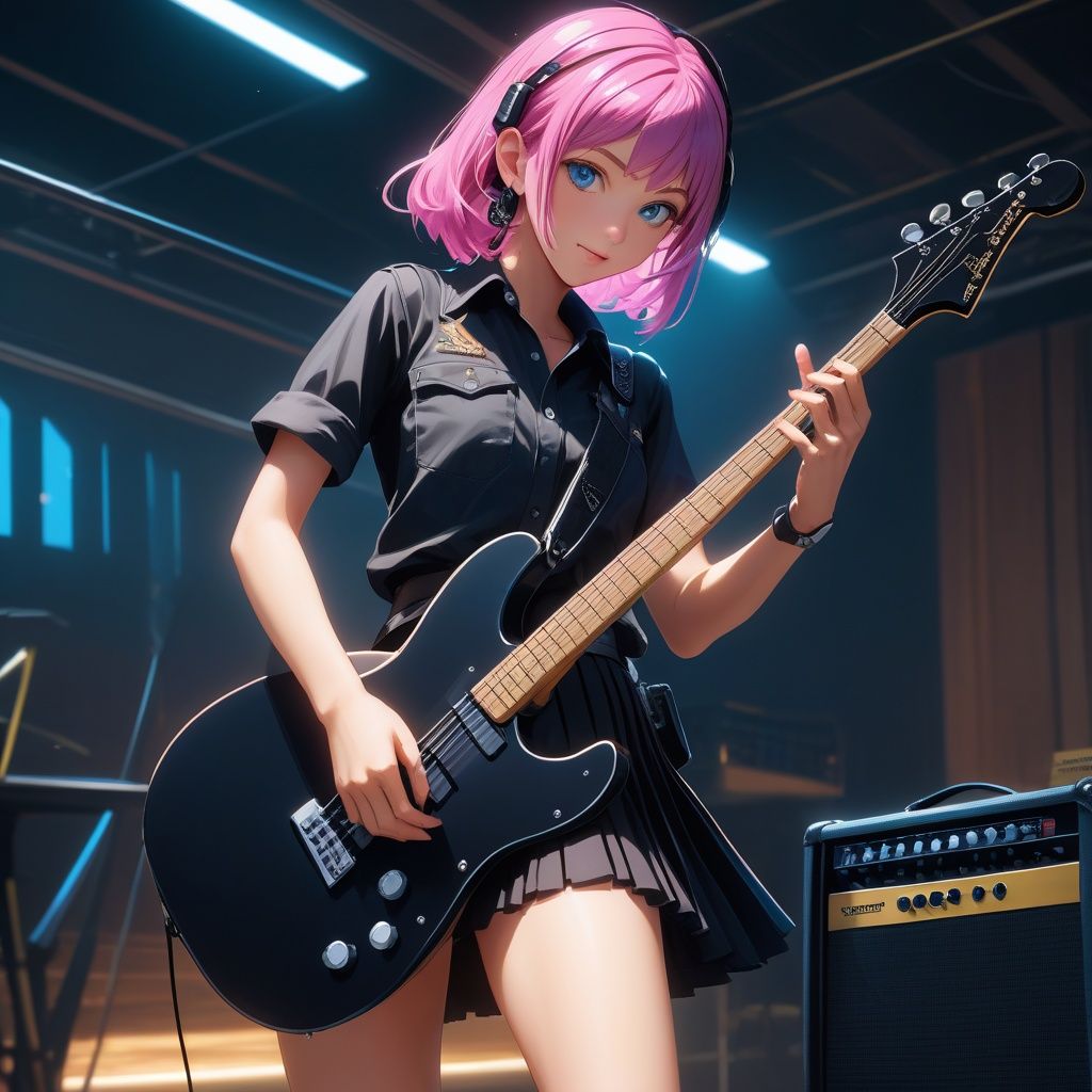 anime, 8k, high resolution, 1girl, solo, ((cinematic light)), colorful, hyper detail, dramatic light, intricate details, best quality, (wallpaper, masterpiece, best quality, ultra-detailed, best shadow), (detailed background:1.4), (beautiful detailed face, beautiful detailed eyes), high contrast, (best illumination, an extremely delicate and beautiful), black skirt, blue eyes, electric guitar, guitar, headphones, holding, holding plectrum, instrument, long hair, music, one side up, pink hair, playing guiter, pleated skirt, black shirt, indoors ((caustic)), dynamic angle,beautiful detailed glow,full body, cowboy shot
