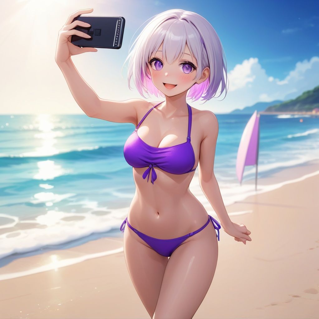 anime, selfie, 1girl, white hair, purple eyes, parted lips, blush, makeup, light smile, bikini, beach, sweat, wet, light rays, glow, thighs, collarbone, narrow waist, (masterpiece), wallpaper, 8k, high resolution