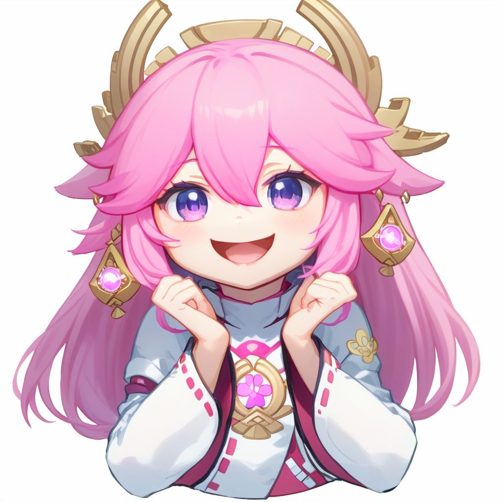 anime, 8k, high resolution, 1girl, solo, <lora:yaemiko_loraxl:1> miko_loraxl:1>, yae miko,  pink hair, hair ornament , sticker, (chibi:1.2), white background, simple background, (smile, waving, open mouth:1.1), (close shot, upper body:1.1)
