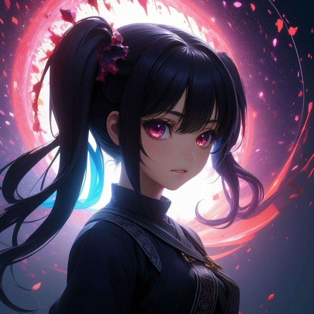 anime, (masterpiece:1.2, best quality), (finely detailed beautiful eyes: 1.2), (detailed background,dark fantasy), (beautiful detailed face), high contrast, (best illumination, an extremely delicate and beautiful), ((cinematic light)), colorful, hyper detail, dramatic light, intricate details, (1 girl, solo,black hair, sharp face,low twintails,red eyes, hair between eyes,dynamic angle), (blood splatter:1.4), swirling black light around the character, depth of field,black light particles,(broken glass),magic circle, 8k, high resolution